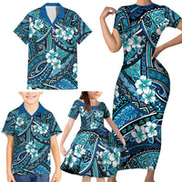 Polynesian Hibiscus Tropical Blue Floral Family Matching Short Sleeve Bodycon Dress and Hawaiian Shirt Tribal Pattern LT01 - Polynesian Pride