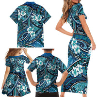 Polynesian Hibiscus Tropical Blue Floral Family Matching Short Sleeve Bodycon Dress and Hawaiian Shirt Tribal Pattern LT01 - Polynesian Pride