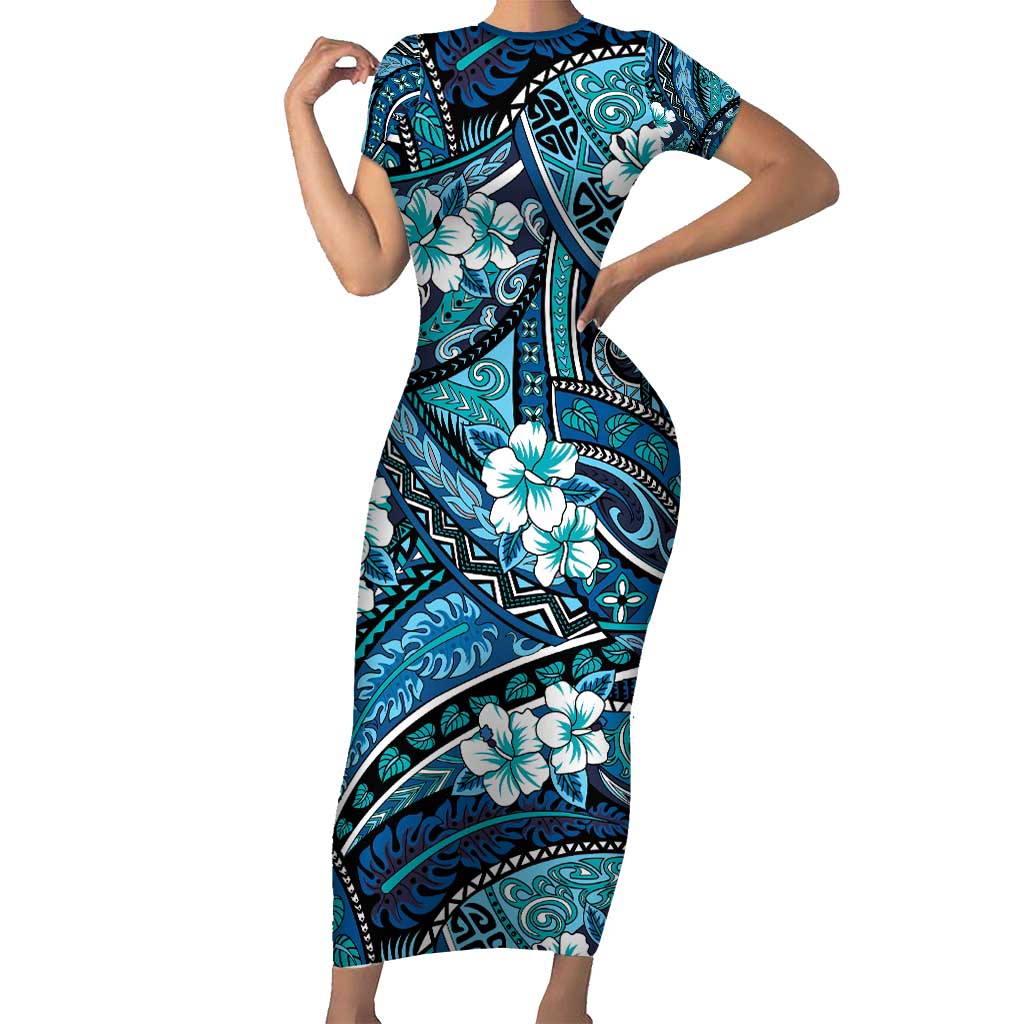 Polynesian Hibiscus Tropical Blue Floral Family Matching Short Sleeve Bodycon Dress and Hawaiian Shirt Tribal Pattern LT01 Mom's Dress Blue - Polynesian Pride