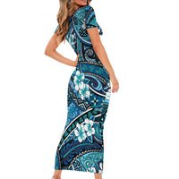 Polynesian Hibiscus Tropical Blue Floral Family Matching Short Sleeve Bodycon Dress and Hawaiian Shirt Tribal Pattern LT01 - Polynesian Pride