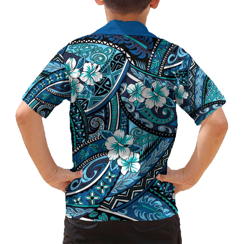 Polynesian Hibiscus Tropical Blue Floral Family Matching Summer Maxi Dress and Hawaiian Shirt Tribal Pattern LT01 - Polynesian Pride