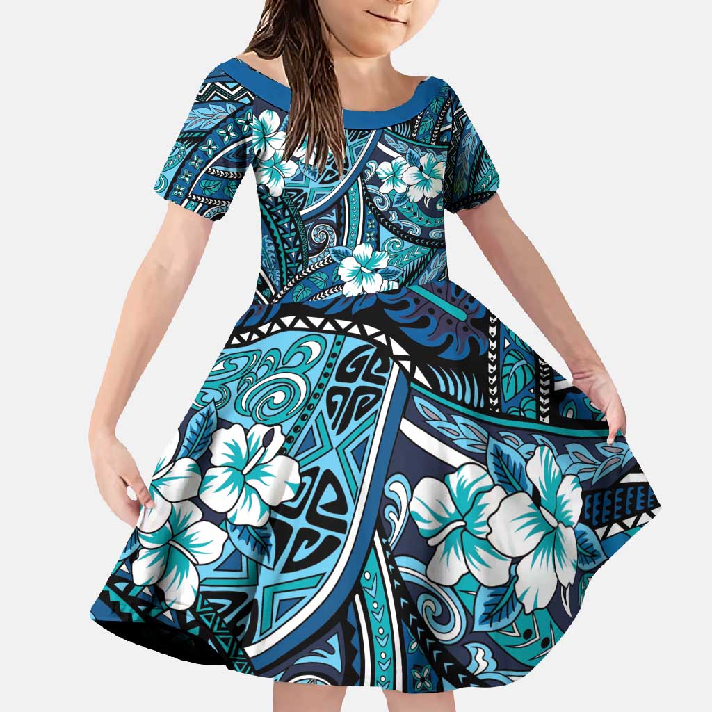 Polynesian Hibiscus Tropical Blue Floral Family Matching Summer Maxi Dress and Hawaiian Shirt Tribal Pattern LT01 Daughter's Dress Blue - Polynesian Pride