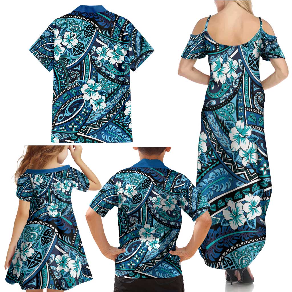 Polynesian Hibiscus Tropical Blue Floral Family Matching Summer Maxi Dress and Hawaiian Shirt Tribal Pattern LT01 - Polynesian Pride