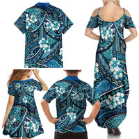 Polynesian Hibiscus Tropical Blue Floral Family Matching Summer Maxi Dress and Hawaiian Shirt Tribal Pattern LT01 - Polynesian Pride