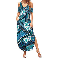Polynesian Hibiscus Tropical Blue Floral Family Matching Summer Maxi Dress and Hawaiian Shirt Tribal Pattern LT01 Mom's Dress Blue - Polynesian Pride