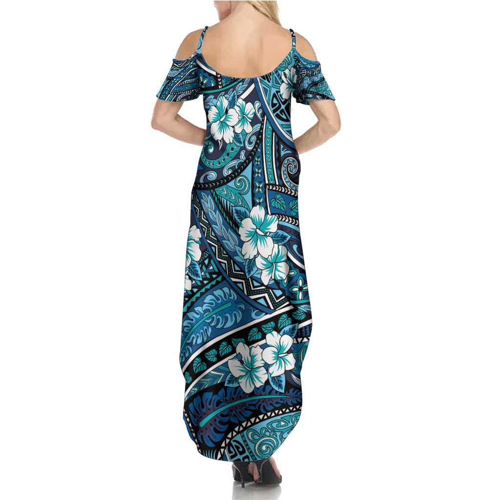 Polynesian Hibiscus Tropical Blue Floral Family Matching Summer Maxi Dress and Hawaiian Shirt Tribal Pattern LT01 - Polynesian Pride