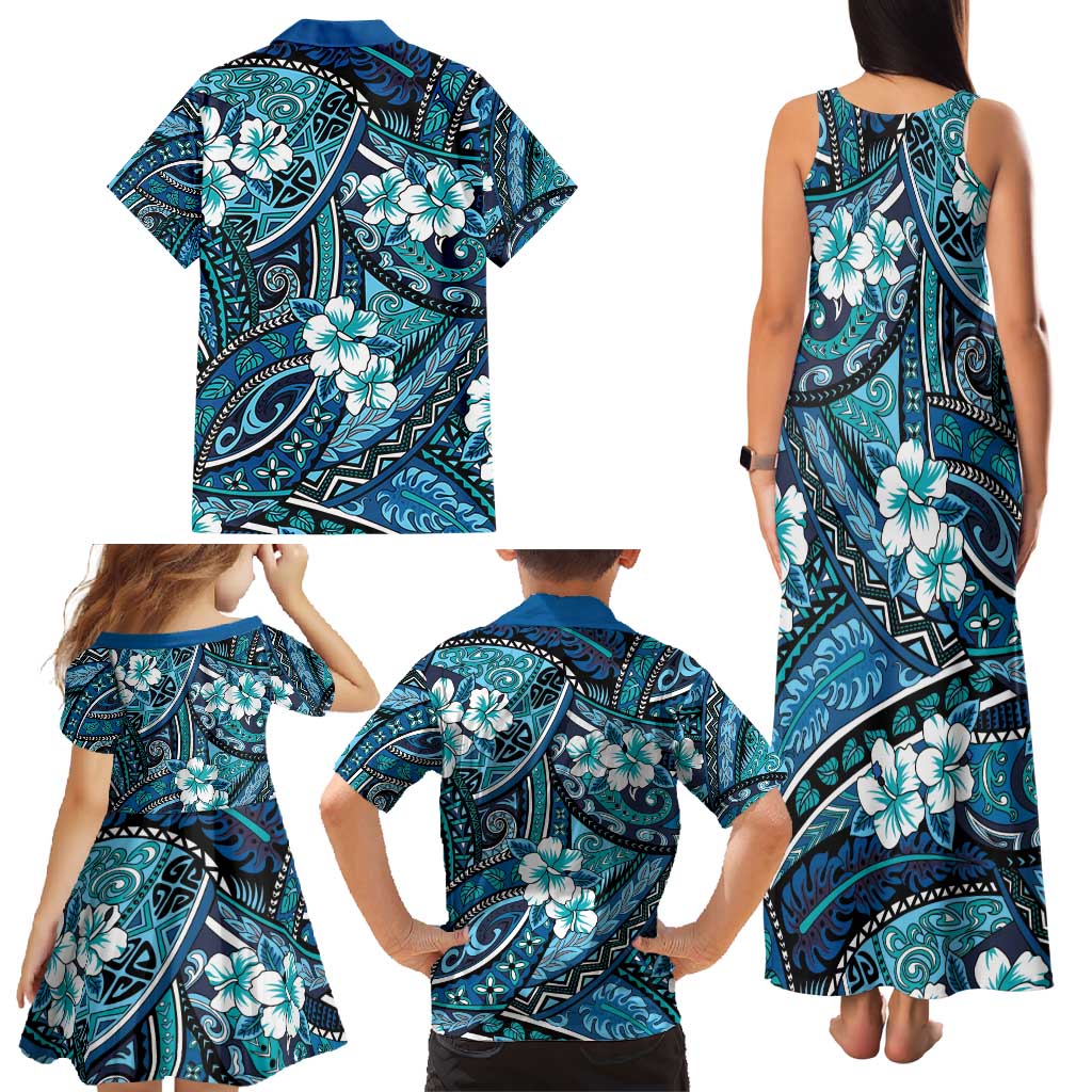 Polynesian Hibiscus Tropical Blue Floral Family Matching Tank Maxi Dress and Hawaiian Shirt Tribal Pattern LT01 - Polynesian Pride