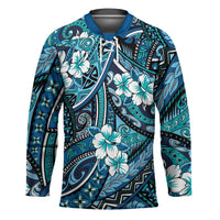 Polynesian Hibiscus Tropical Blue Floral Hockey Jersey Tribal Pattern - Polynesian Pride