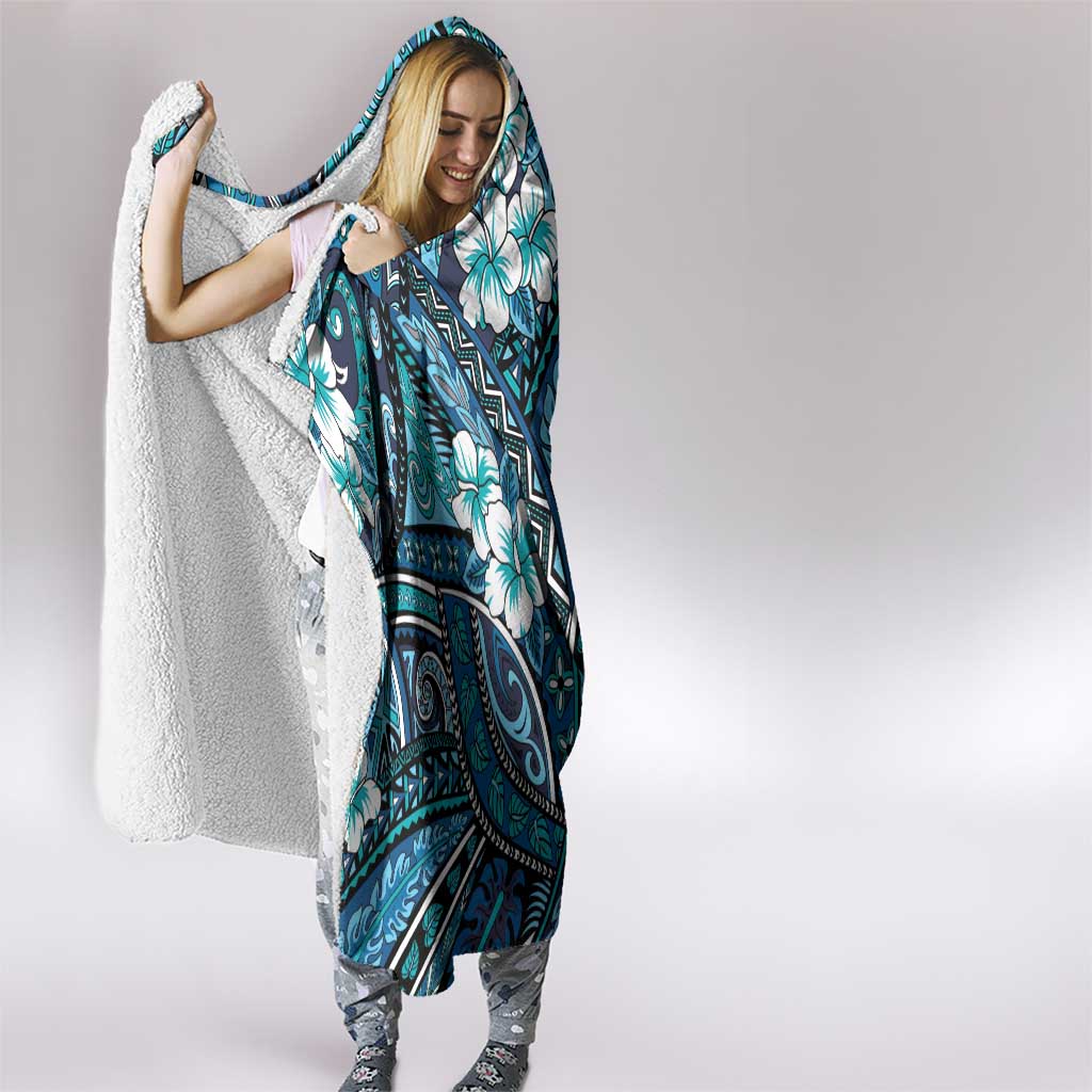 Polynesian Hibiscus Tropical Blue Floral Hooded Blanket Tribal Pattern - Polynesian Pride