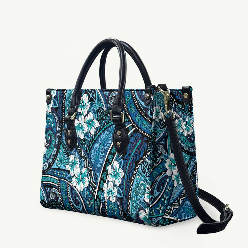 Polynesian Hibiscus Tropical Blue Floral Leather Bag Tribal Pattern - Polynesian Pride