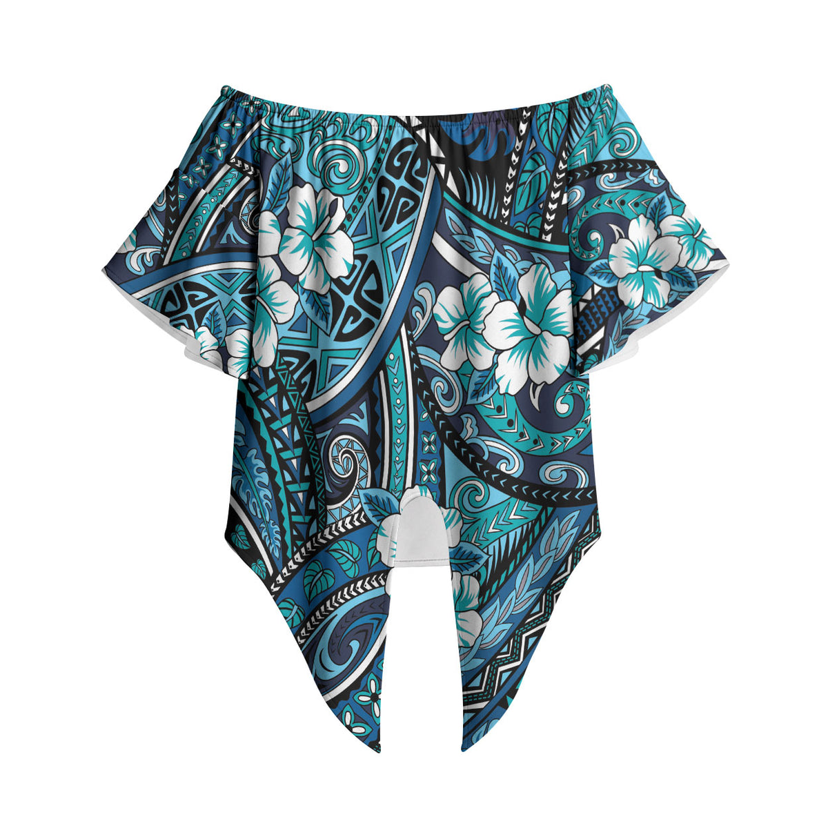 Polynesian Hibiscus Tropical Blue Floral Off Shoulder Wrap Waist Top Tribal Pattern LT01 Blue - Polynesian Pride