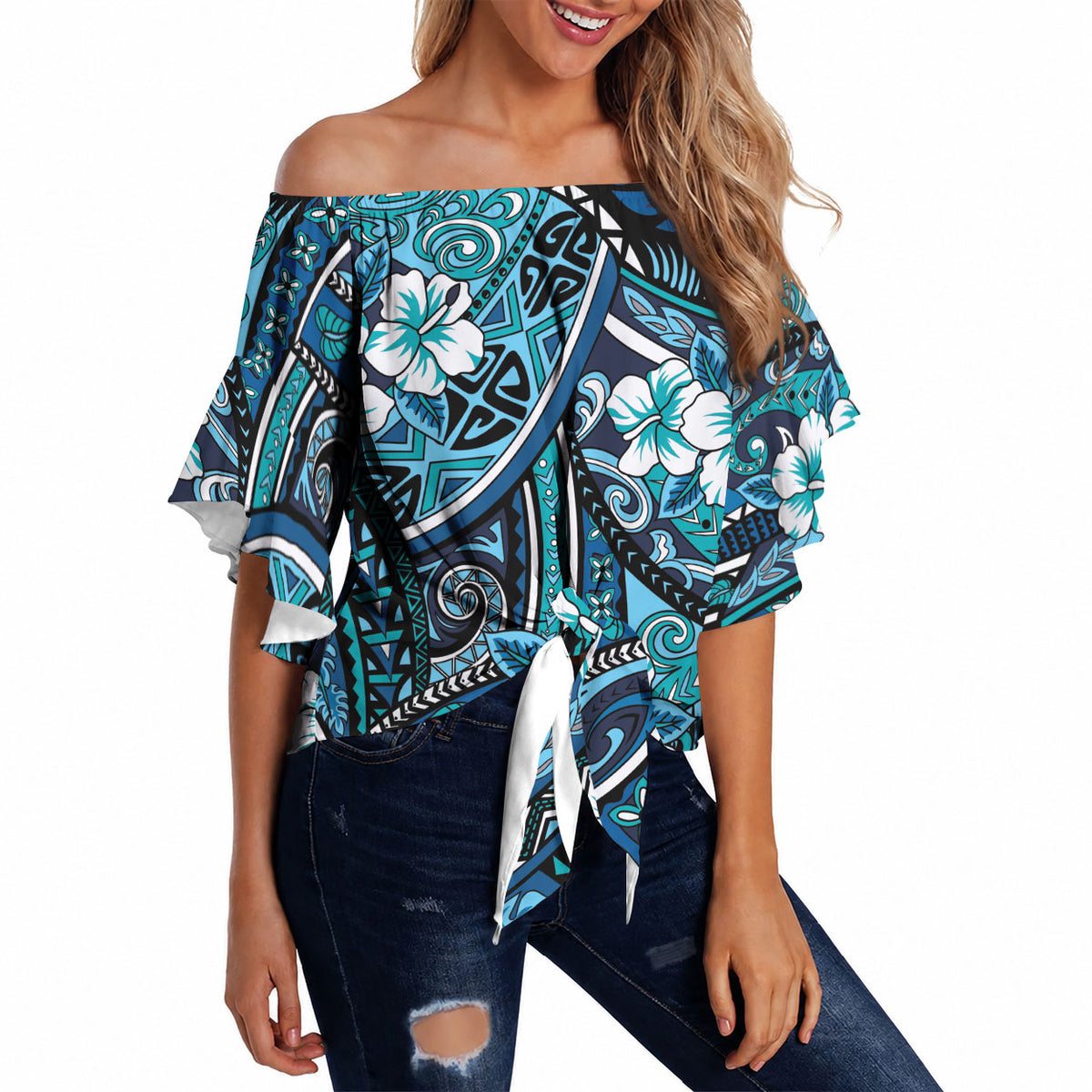 Polynesian Hibiscus Tropical Blue Floral Off Shoulder Wrap Waist Top Tribal Pattern LT01 - Polynesian Pride