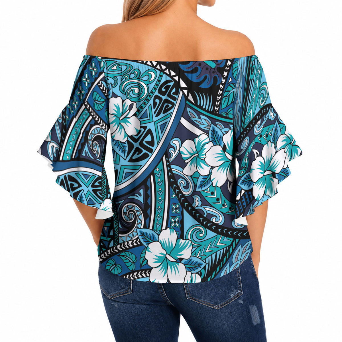 Polynesian Hibiscus Tropical Blue Floral Off Shoulder Wrap Waist Top Tribal Pattern LT01 - Polynesian Pride