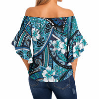 Polynesian Hibiscus Tropical Blue Floral Off Shoulder Wrap Waist Top Tribal Pattern LT01 - Polynesian Pride