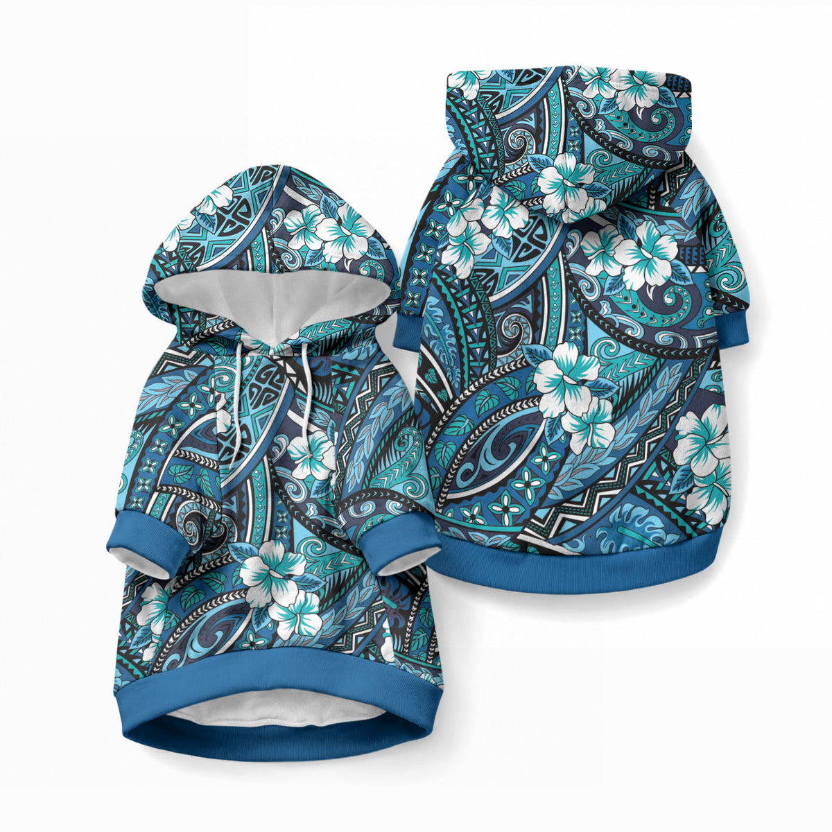 Polynesian Hibiscus Tropical Blue Floral Pet Hoodie Tribal Pattern