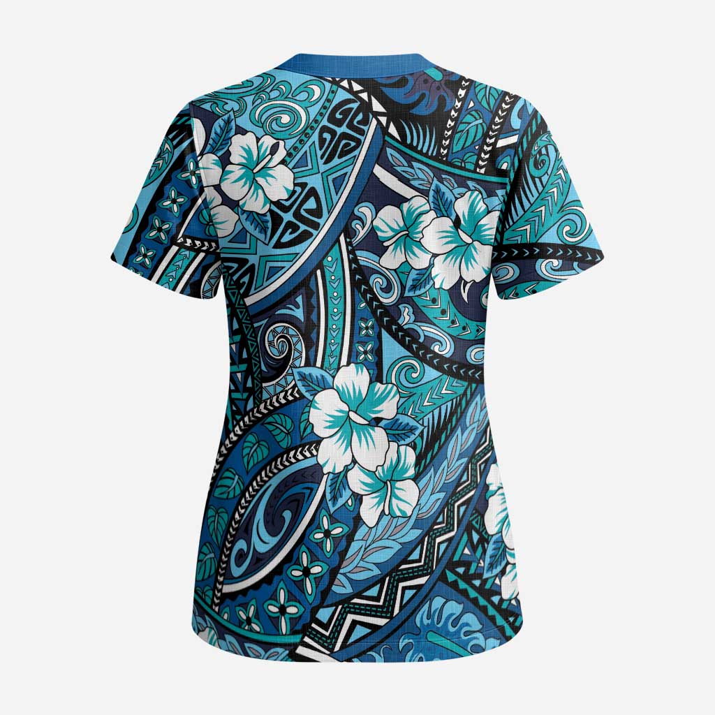 Polynesian Hibiscus Tropical Blue Floral Scrub Top Tribal Pattern - Polynesian Pride