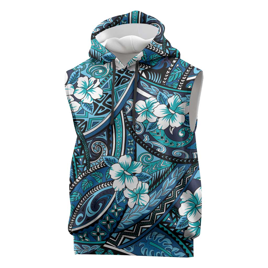 Polynesian Hibiscus Tropical Blue Floral Sleeveless Hoodie Tribal Pattern LT01 Blue - Polynesian Pride