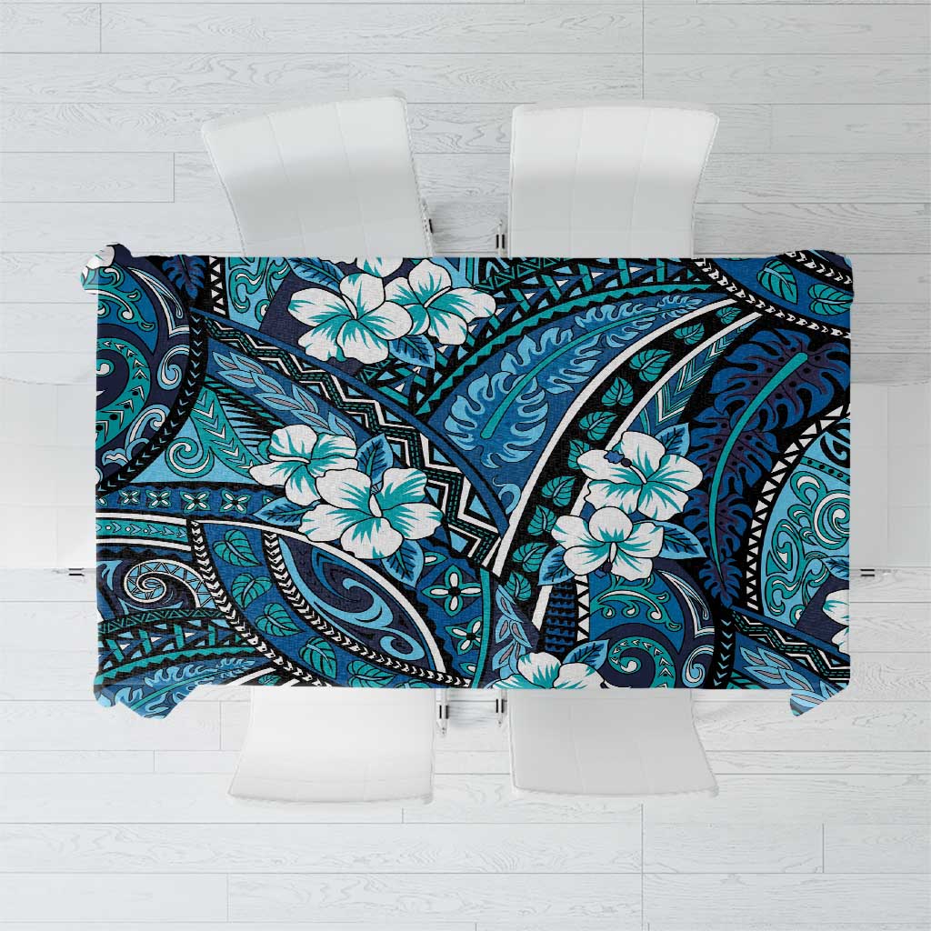 Polynesian Hibiscus Tropical Blue Floral Tablecloth Tribal Pattern - Polynesian Pride