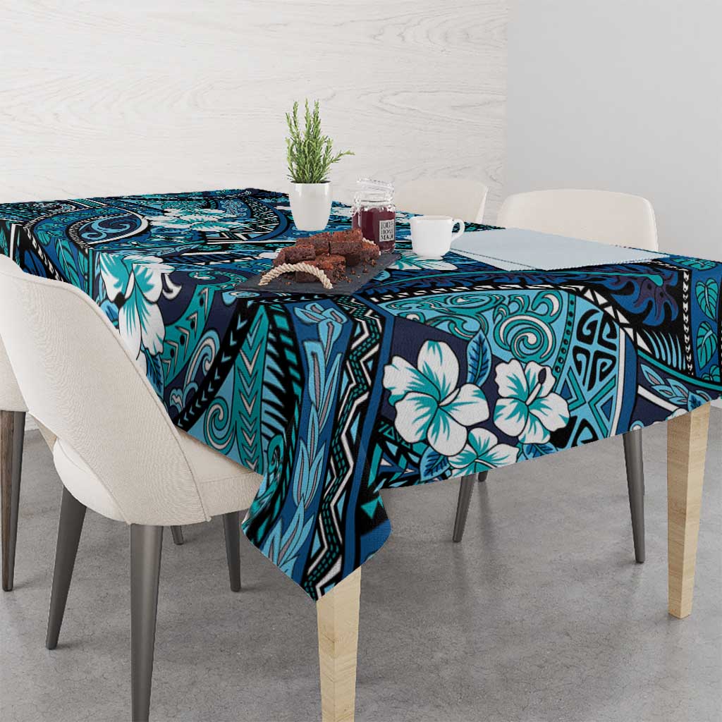 Polynesian Hibiscus Tropical Blue Floral Tablecloth Tribal Pattern - Polynesian Pride