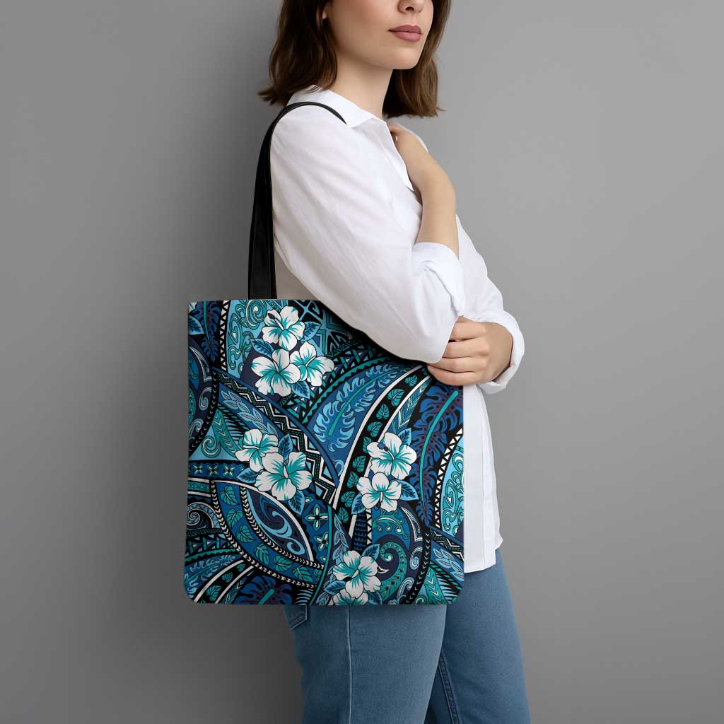 Polynesian Hibiscus Tropical Blue Floral Tote Bag Tribal Pattern - Polynesian Pride