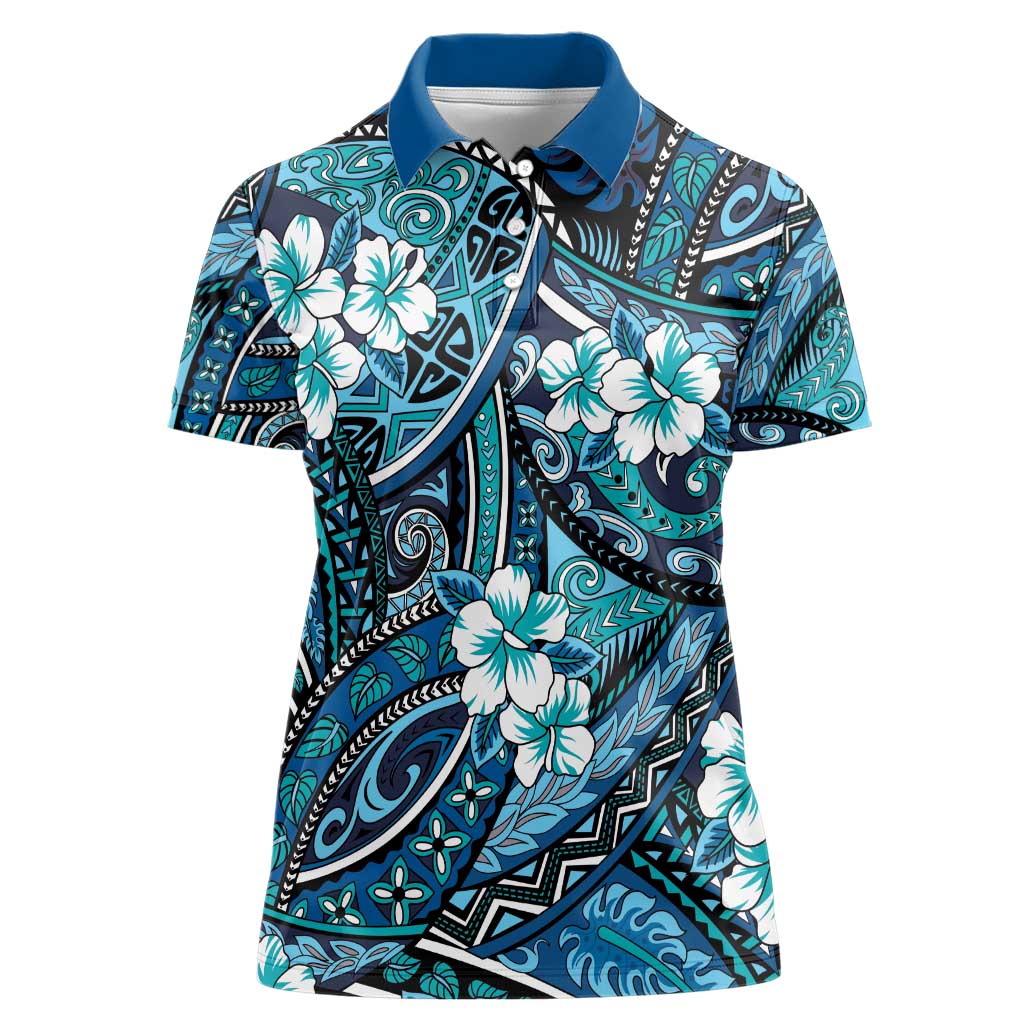 Polynesian Hibiscus Tropical Blue Floral Women Polo Shirt Tribal Pattern - Polynesian Pride