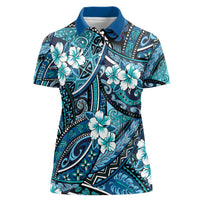 Polynesian Hibiscus Tropical Blue Floral Women Polo Shirt Tribal Pattern - Polynesian Pride
