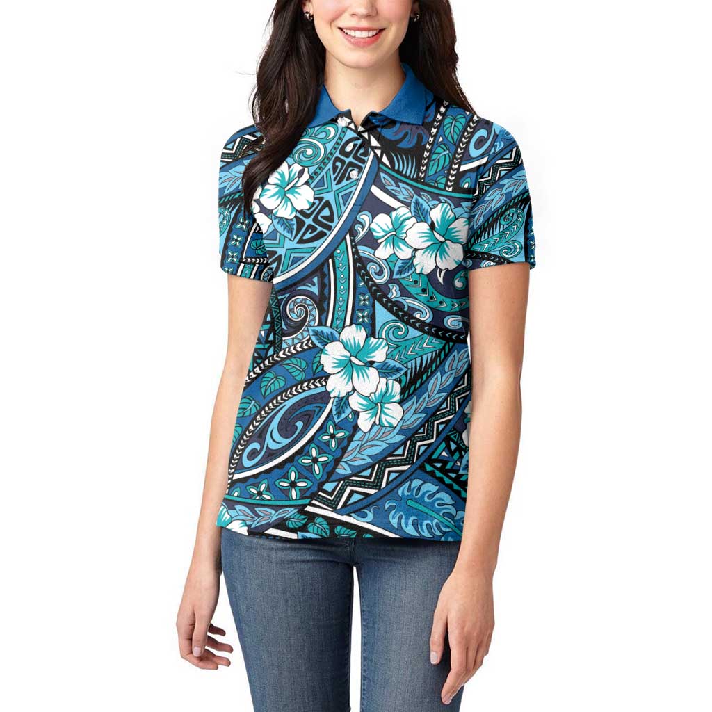 Polynesian Hibiscus Tropical Blue Floral Women Polo Shirt Tribal Pattern - Polynesian Pride