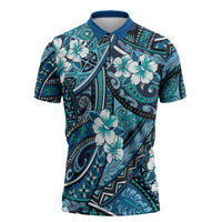 Polynesian Hibiscus Tropical Blue Floral Zipper Polo Shirt Tribal Pattern LT01 Blue - Polynesian Pride