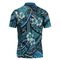 Polynesian Hibiscus Tropical Blue Floral Zipper Polo Shirt Tribal Pattern LT01 - Polynesian Pride