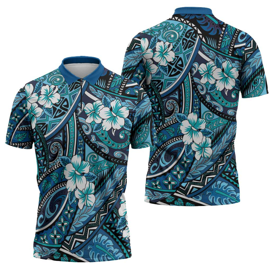 Polynesian Hibiscus Tropical Blue Floral Zipper Polo Shirt Tribal Pattern LT01 - Polynesian Pride