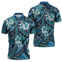 Polynesian Hibiscus Tropical Blue Floral Zipper Polo Shirt Tribal Pattern LT01 - Polynesian Pride