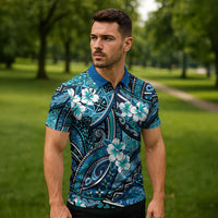 Polynesian Hibiscus Tropical Blue Floral Zipper Polo Shirt Tribal Pattern LT01 - Polynesian Pride