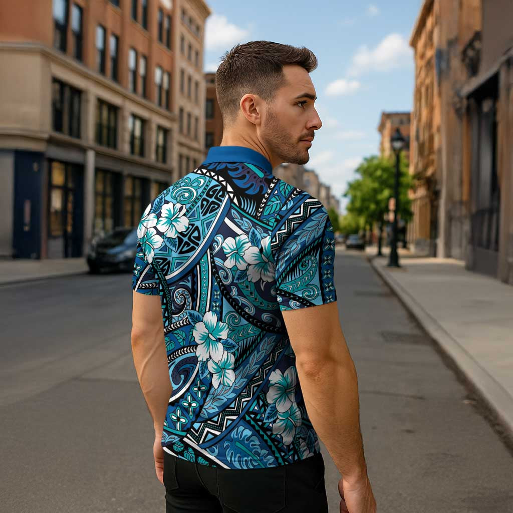 Polynesian Hibiscus Tropical Blue Floral Zipper Polo Shirt Tribal Pattern LT01 - Polynesian Pride