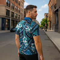 Polynesian Hibiscus Tropical Blue Floral Zipper Polo Shirt Tribal Pattern LT01 - Polynesian Pride