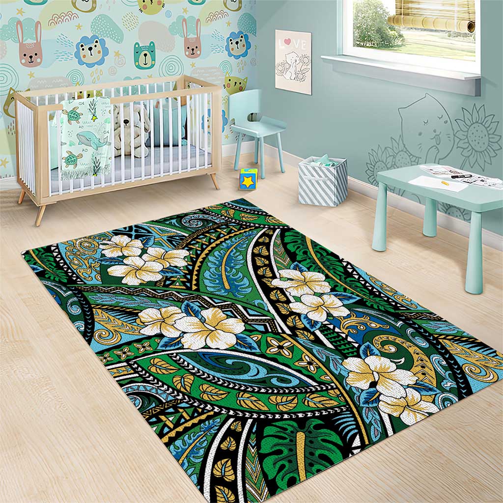 Polynesian Hibiscus Tropical Green Floral Area Rug Tribal Pattern - Polynesian Pride
