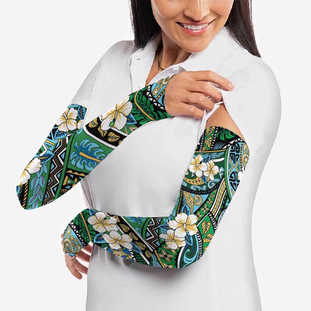 Polynesian Hibiscus Tropical Green Floral Arm Sleeves Tribal Pattern - Polynesian Pride