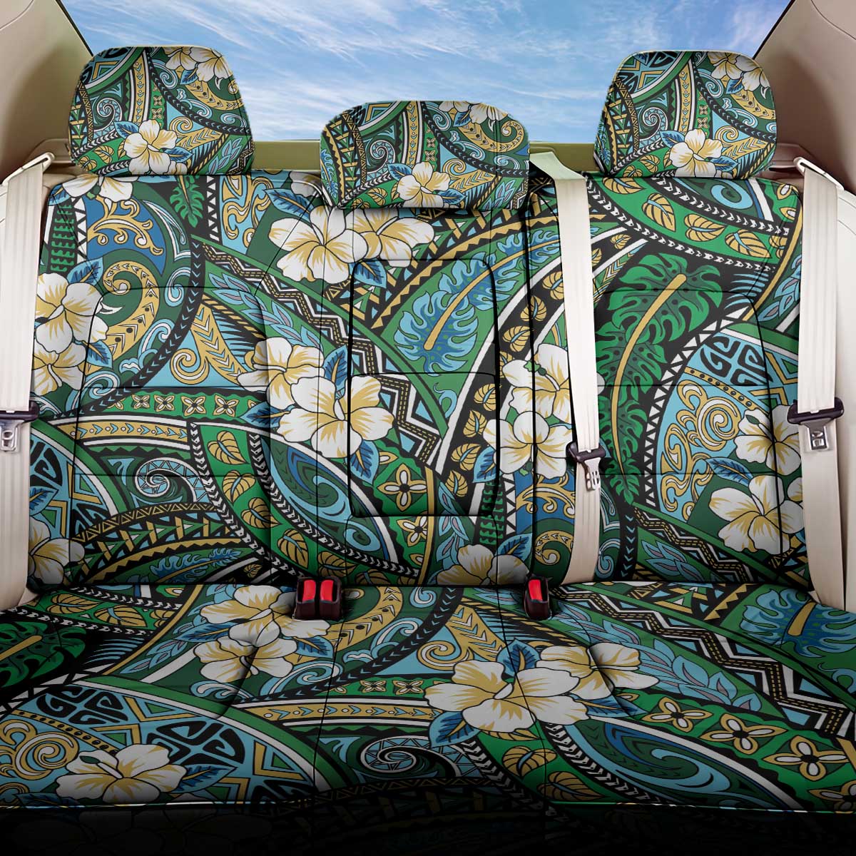 Polynesian Hibiscus Tropical Green Floral Back Car Seat Cover Tribal Pattern - Polynesian Pride