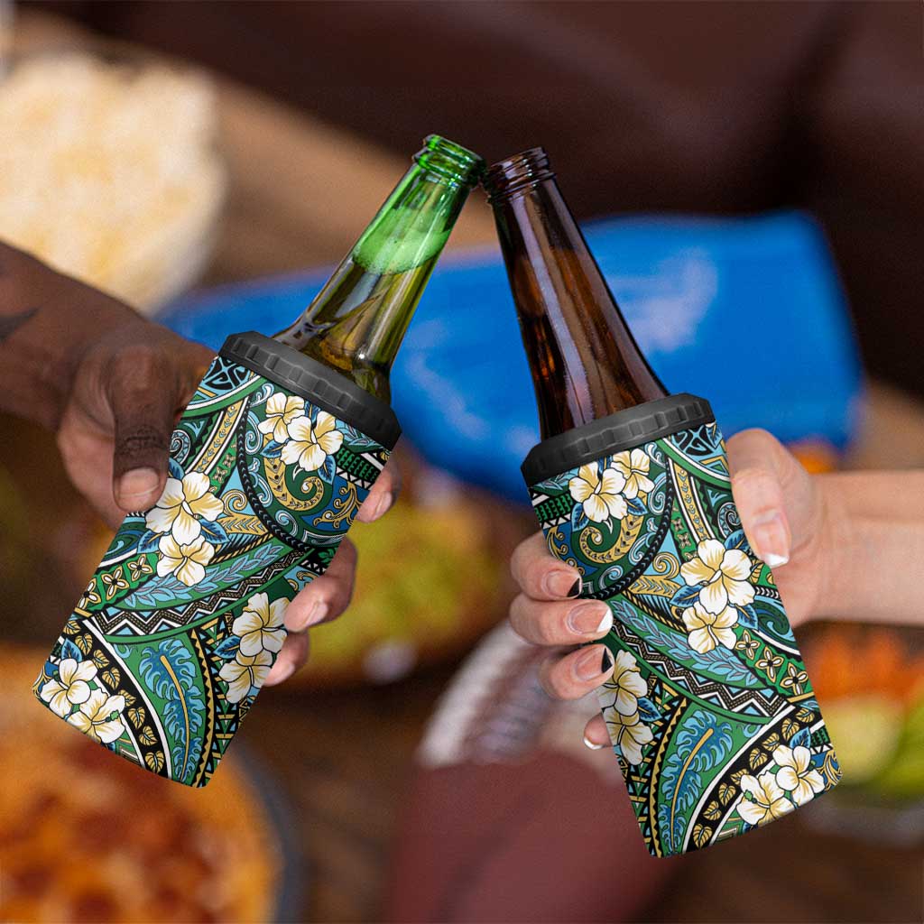 Polynesian Hibiscus Tropical Green Floral 4 in 1 Can Cooler Tumbler Tribal Pattern - Polynesian Pride