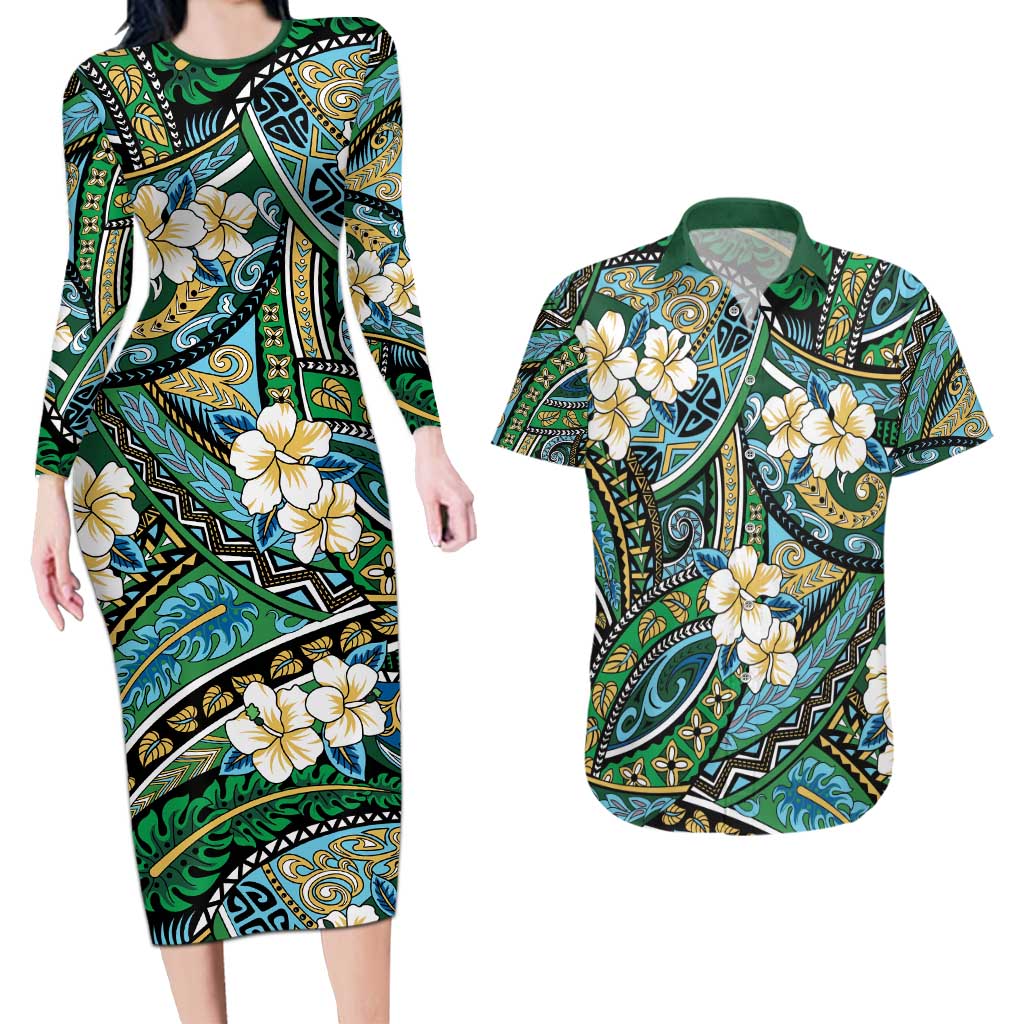 Polynesian Hibiscus Tropical Green Floral Couples Matching Long Sleeve Bodycon Dress and Hawaiian Shirt Tribal Pattern LT01 Green - Polynesian Pride