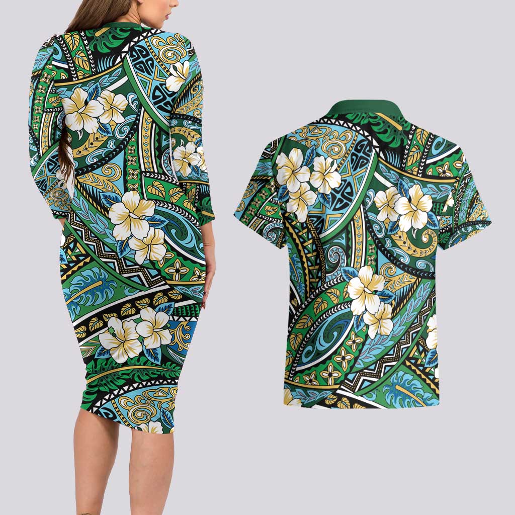 Polynesian Hibiscus Tropical Green Floral Couples Matching Long Sleeve Bodycon Dress and Hawaiian Shirt Tribal Pattern LT01 - Polynesian Pride