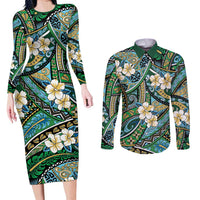 Polynesian Hibiscus Tropical Green Floral Couples Matching Long Sleeve Bodycon Dress and Long Sleeve Button Shirt Tribal Pattern LT01 Green - Polynesian Pride