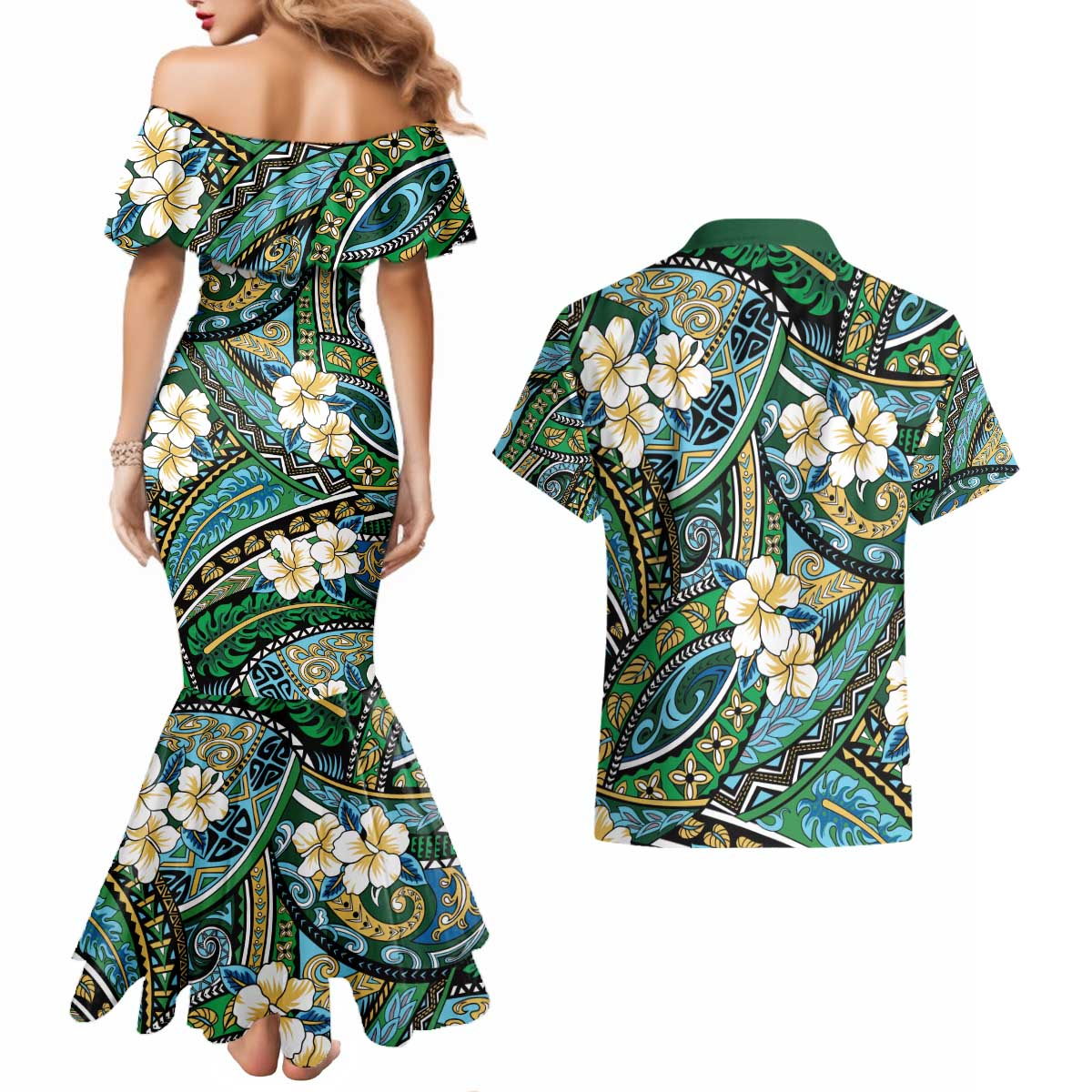 Polynesian Hibiscus Tropical Green Floral Couples Matching Mermaid Dress and Hawaiian Shirt Tribal Pattern LT01 - Polynesian Pride