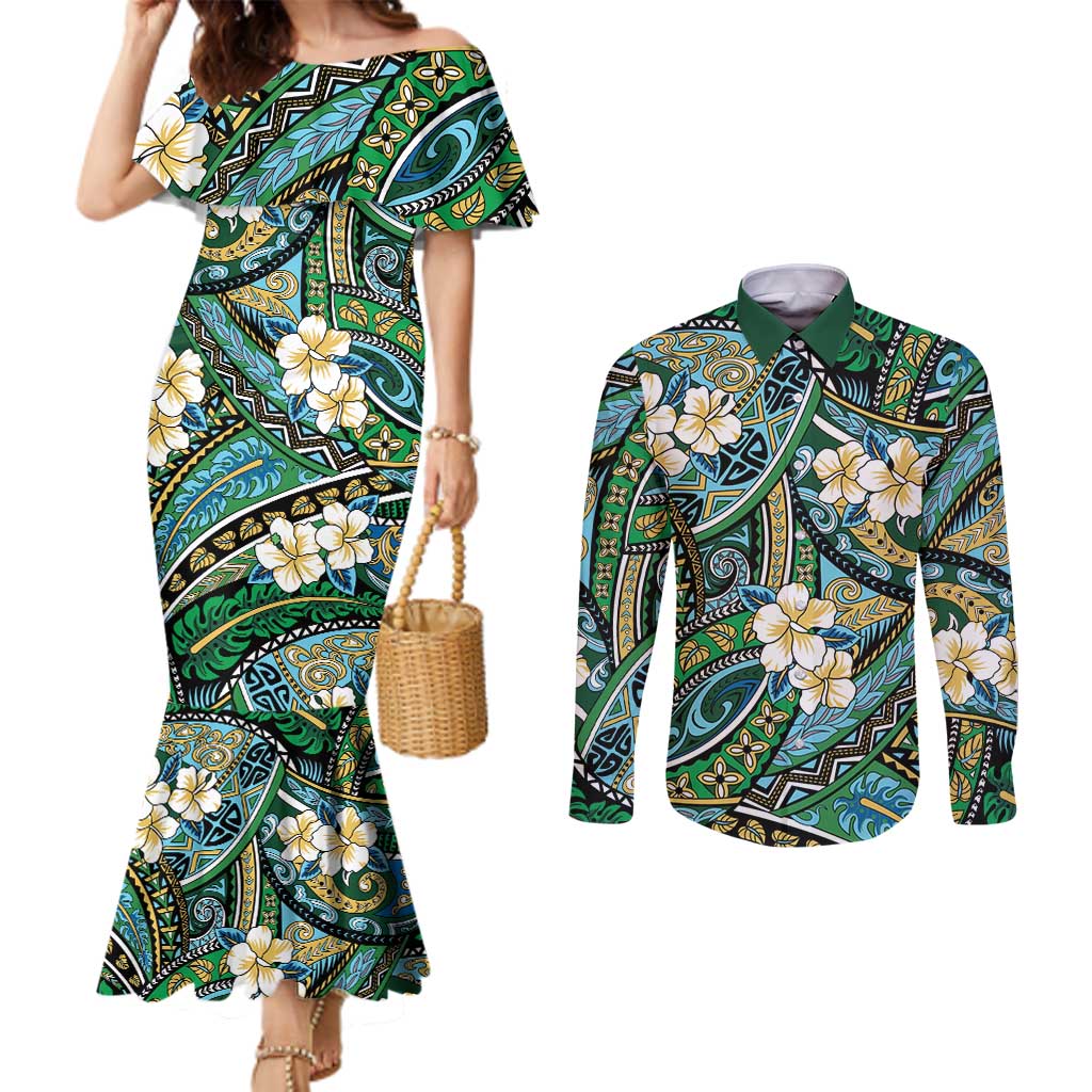Polynesian Hibiscus Tropical Green Floral Couples Matching Mermaid Dress and Long Sleeve Button Shirt Tribal Pattern LT01 Green - Polynesian Pride