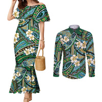 Polynesian Hibiscus Tropical Green Floral Couples Matching Mermaid Dress and Long Sleeve Button Shirt Tribal Pattern LT01 Green - Polynesian Pride