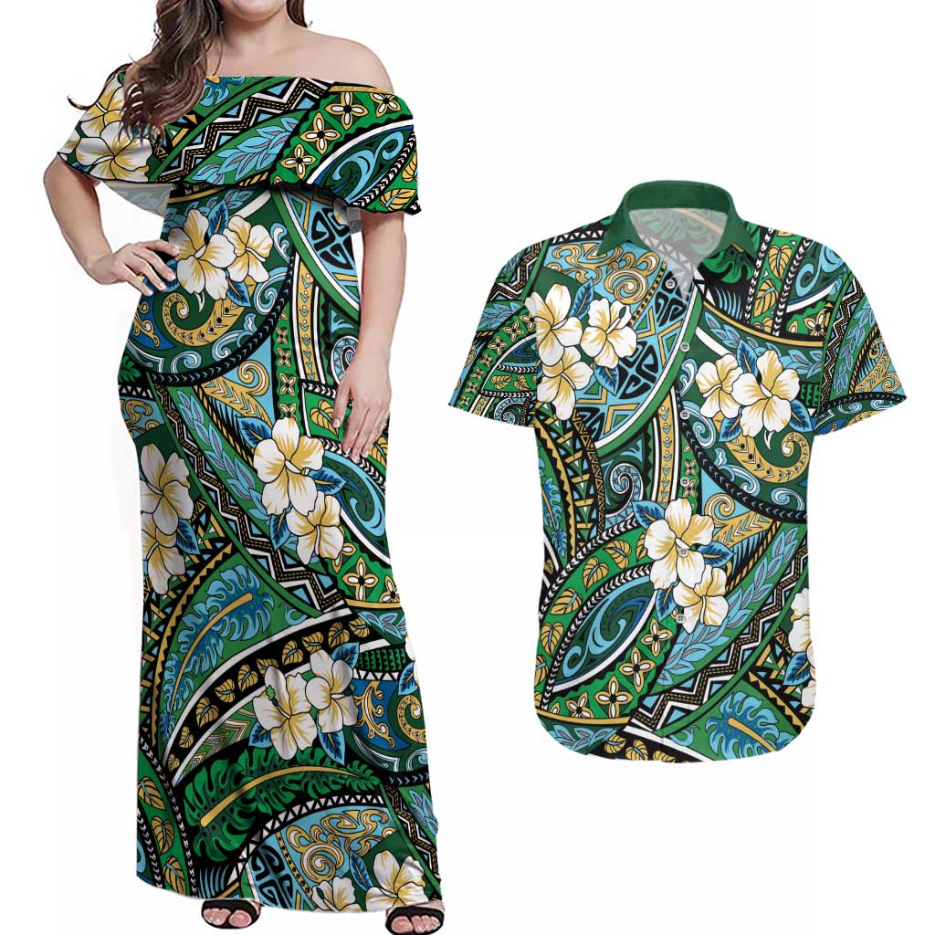 Polynesian Hibiscus Tropical Green Floral Couples Matching Off Shoulder Maxi Dress and Hawaiian Shirt Tribal Pattern LT01 Green - Polynesian Pride