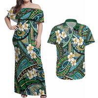 Polynesian Hibiscus Tropical Green Floral Couples Matching Off Shoulder Maxi Dress and Hawaiian Shirt Tribal Pattern LT01 Green - Polynesian Pride