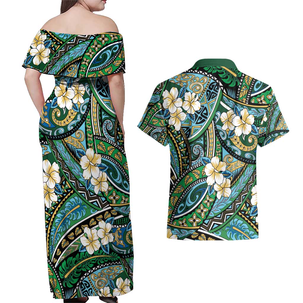 Polynesian Hibiscus Tropical Green Floral Couples Matching Off Shoulder Maxi Dress and Hawaiian Shirt Tribal Pattern LT01 - Polynesian Pride