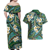Polynesian Hibiscus Tropical Green Floral Couples Matching Off Shoulder Maxi Dress and Hawaiian Shirt Tribal Pattern LT01 - Polynesian Pride