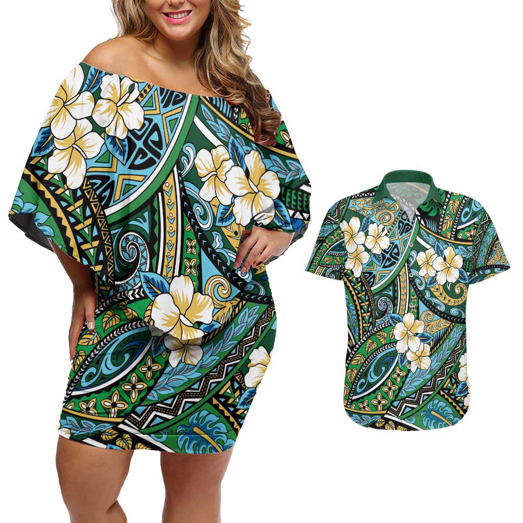 Polynesian Hibiscus Tropical Green Floral Couples Matching Off Shoulder Short Dress and Hawaiian Shirt Tribal Pattern LT01 Green - Polynesian Pride