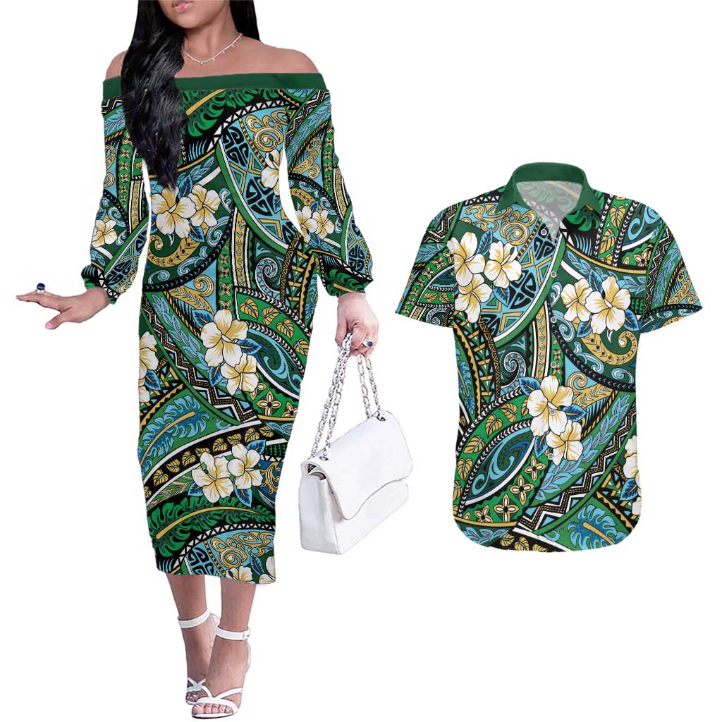 Polynesian Hibiscus Tropical Green Floral Couples Matching Off The Shoulder Long Sleeve Dress and Hawaiian Shirt Tribal Pattern LT01 Green - Polynesian Pride